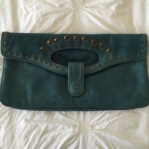 Teal clutch with gold hardware