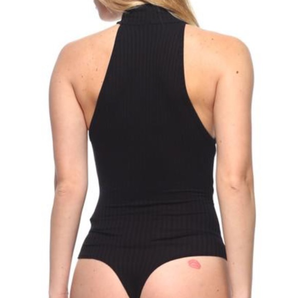 Black High Collar Ribbed Bodysuit - Picture 3 of 4