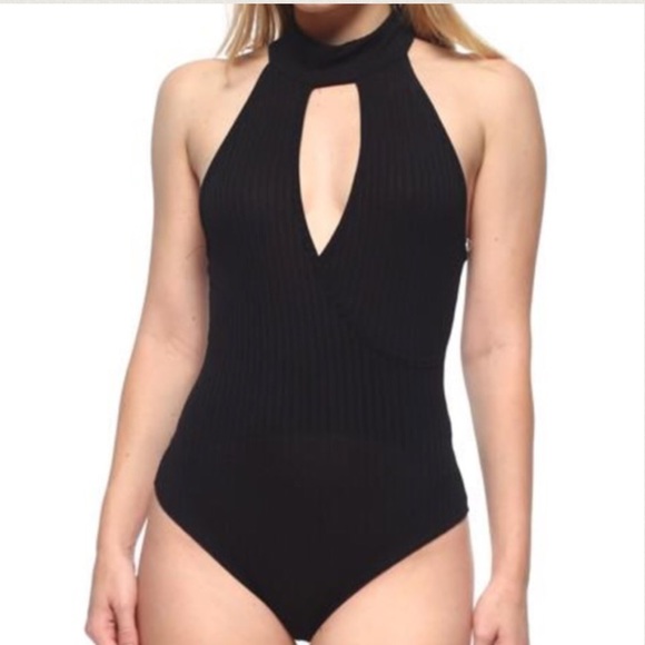 Black High Collar Ribbed Bodysuit - Picture 4 of 4