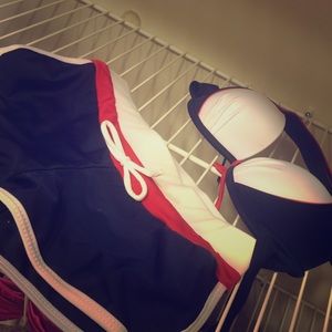 Bathing suit top with boy short bottoms.