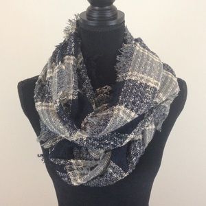 Navy, tan and gray infinity scarf