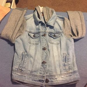 Jean Jacket with sweatshirt hood and sleeves.