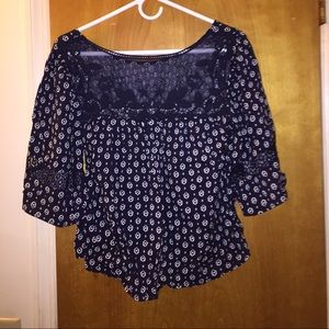 Navy and white cropped peasant top