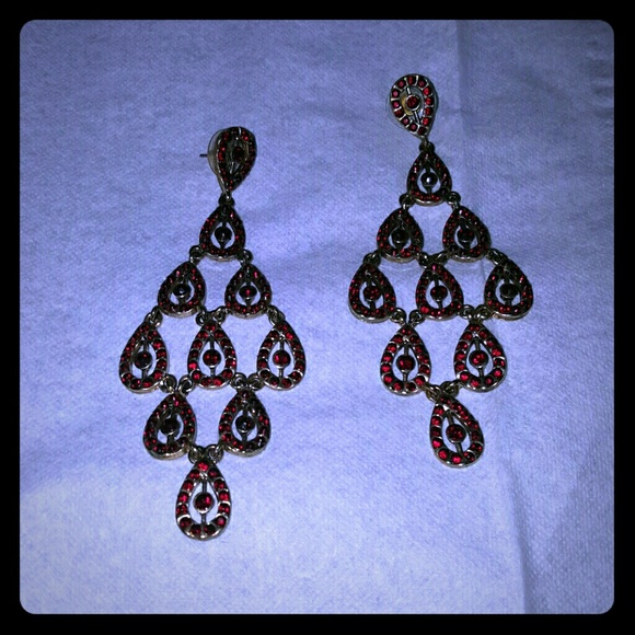 Sexy red jeweled dangle chandelier earrings