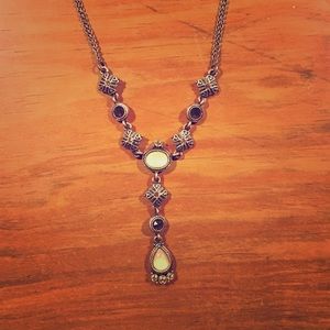 1928 Vintage Y-Necklace with Pearl and Amber Tones