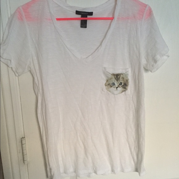 White F21 cat pocketed v-neck