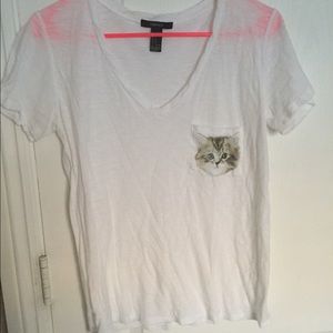 White F21 cat pocketed v-neck