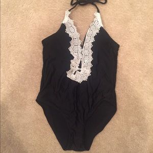 Black with white lace one piece swim suit