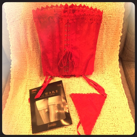 Red, lacy corset with stockings