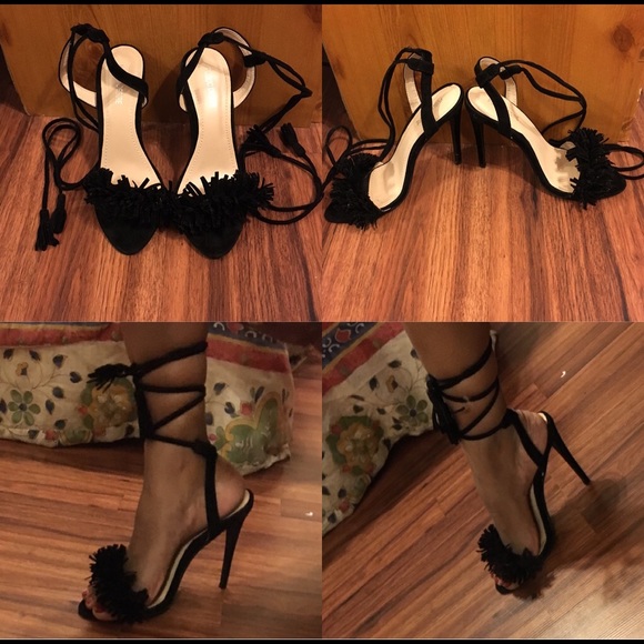 Black Fringe Tie Up Heels