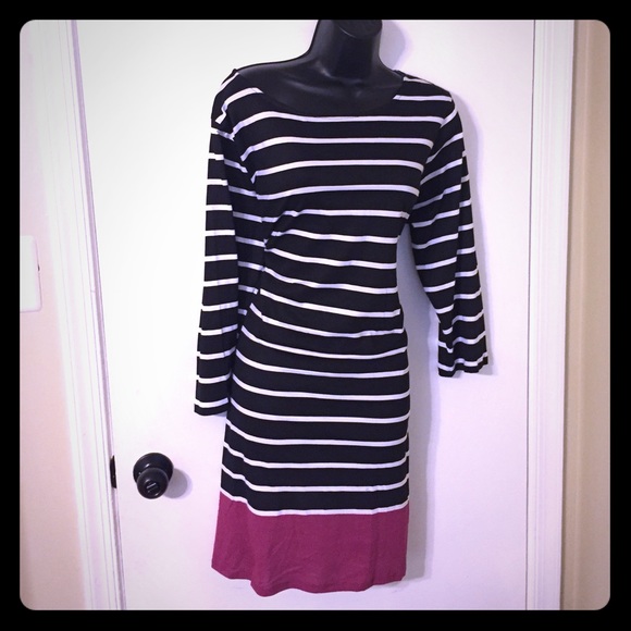 Black & white stripe dress w/ magenta color block