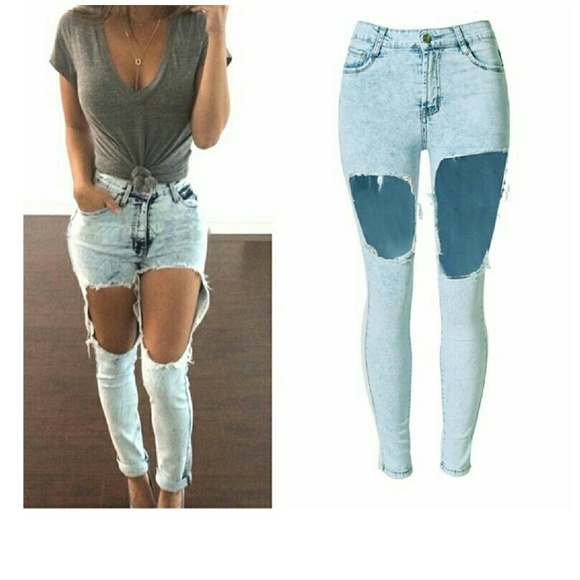 Women High Waist Ripped Jeans