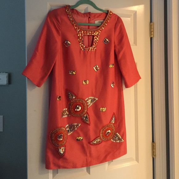 Coral silk and sequin cocktail shift.