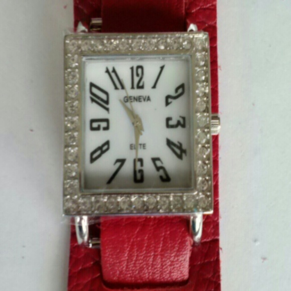 Geneva fashion watch with crytals, red leather
