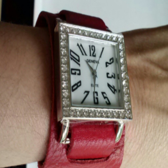 Geneva fashion watch with crytals, red leather main image 4