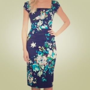 Pencil Sheath Dress, Navy Floral, v-neck
