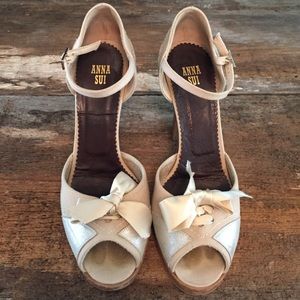 Anna Sui Peep Toe Canvas & Silver Metallic Heels