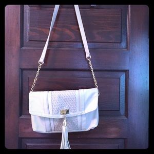Gray/taupe woven purse with tassel
