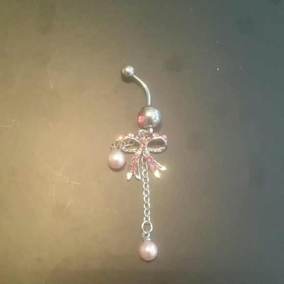 Pink Bowknot pearl and rhinestone belly ring - Picture 2 of 3