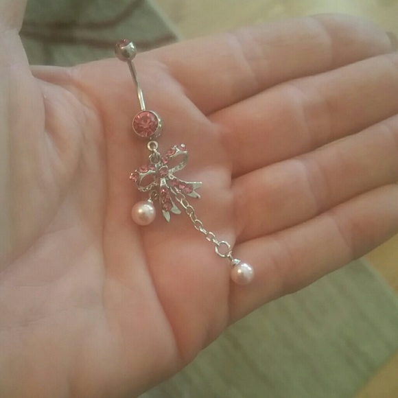 Pink Bowknot pearl and rhinestone belly ring - Picture 3 of 3