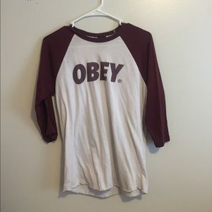 White and maroon OBEY baseball tee
