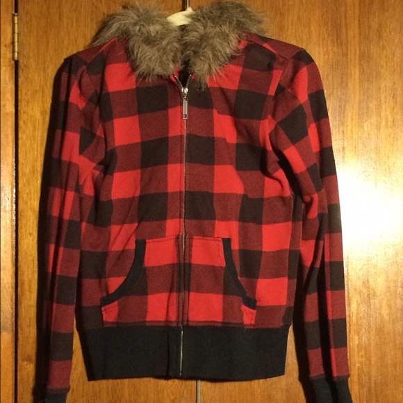 BB Dakota red plaid hoodie with fur from Delia's