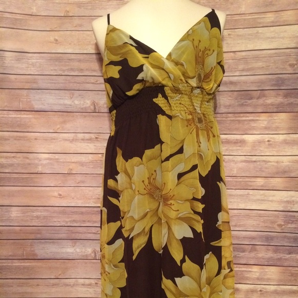 Yellow, gold & espresso flower maxi dress