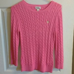 Lilly Pulitzer pink cable knit sweater with logo