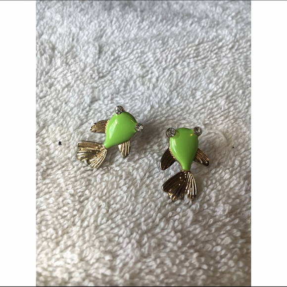 Green and gold fish earrings