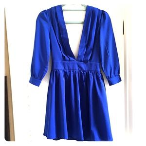 Long Sleeve Blue Dress, Plunging Neckline