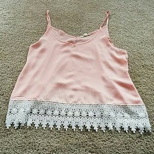 pink v-neck tank with lace embellishments