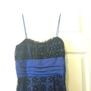 Blue formal dress with black flower print overlay.