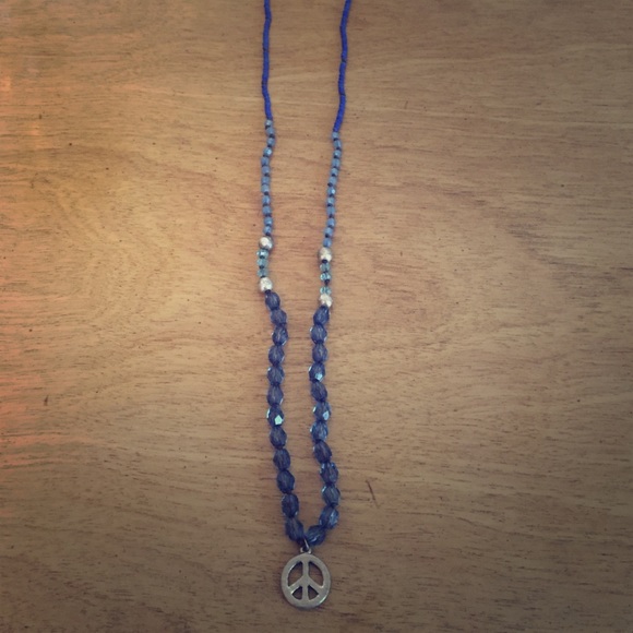 Blue peace sign long necklace