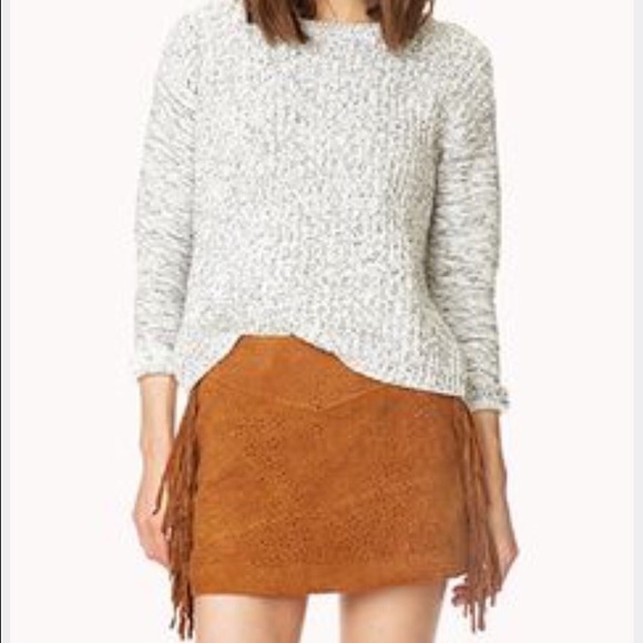 Boho side fringe tan skirt w/star pattern detail.
