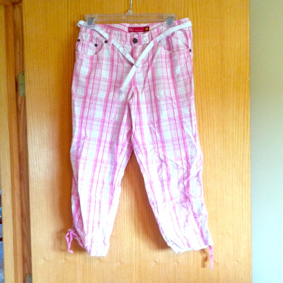 Pink plaid capris with belt