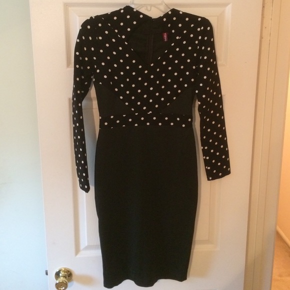 Black form fitting dress w polka dot long sleeves