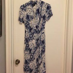Blue-and-white fake  wrap dress
