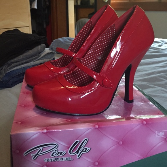 Red pleather pumps