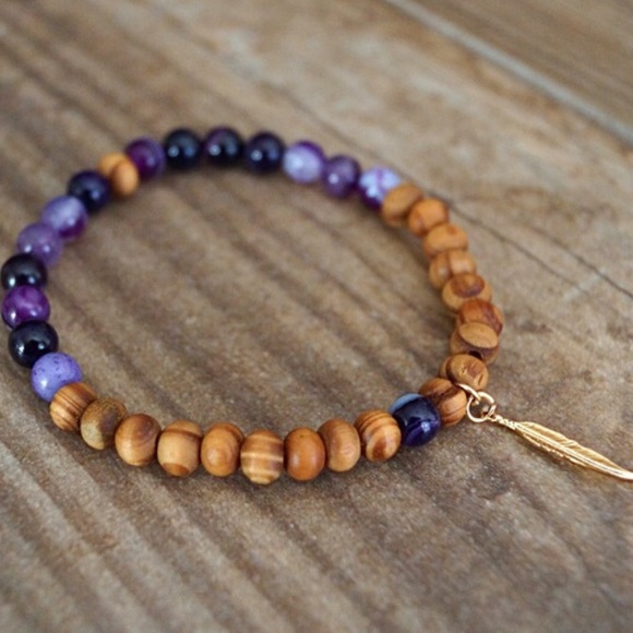 HAND CARVED ROUND GEMSTONE + WOOD BEADED BRACELETS - Picture 2 of 3