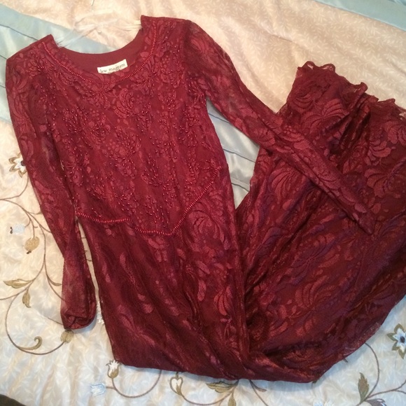 Vintage wine red lace & beaded dress. Full length.