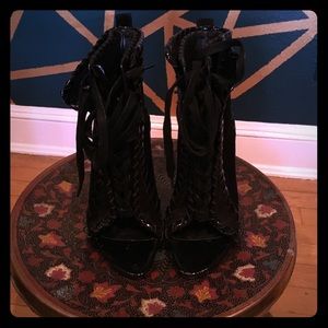 Black Whip stitch Wang peep toe booties.