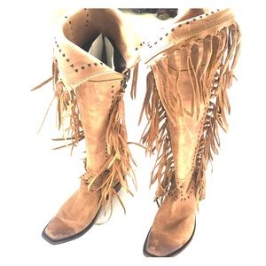 Tall Fringe Med Brown Western Leather Boots size 9