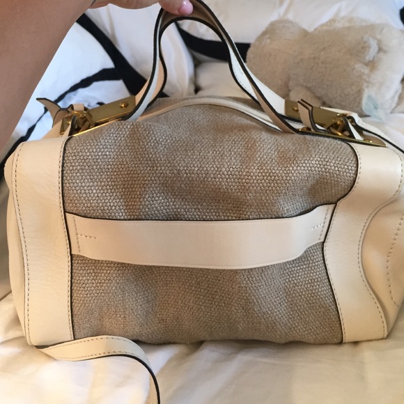 Tory Burch leather and burlap satchel