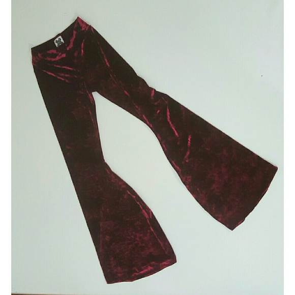 Burgundy Maroon crushed velvet flare bellbottoms - Picture 2 of 4