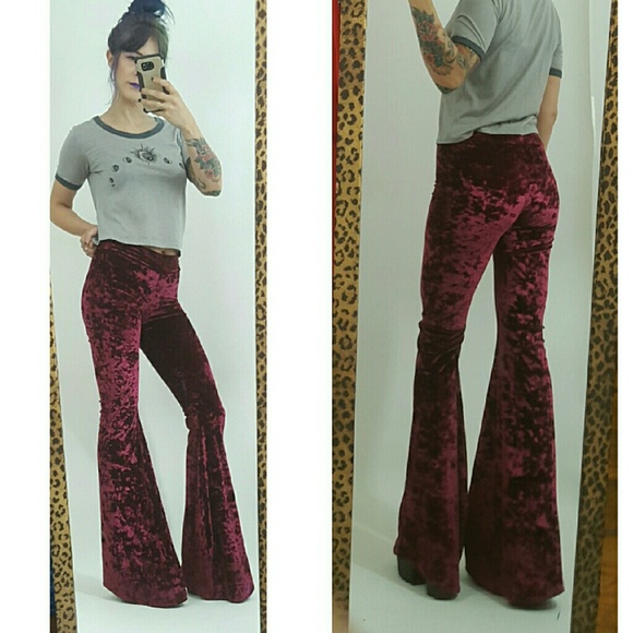Burgundy Maroon crushed velvet flare bellbottoms - Picture 3 of 4