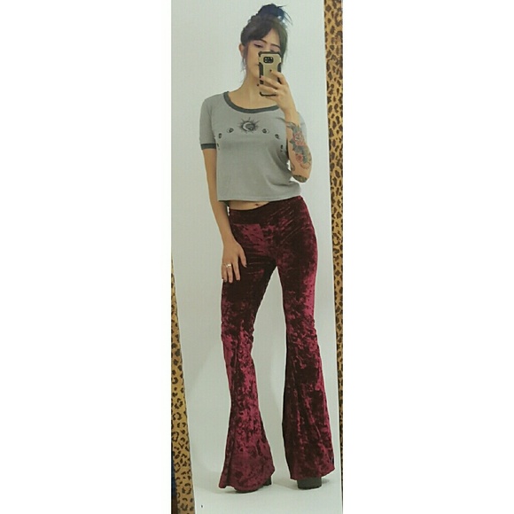 Burgundy Maroon crushed velvet flare bellbottoms - Picture 4 of 4