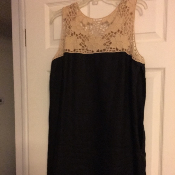 Black linen dress with cream detail