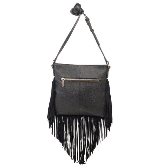 Boho fringe black leather cross body bag - Picture 2 of 3
