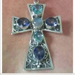 Spectacular Sterling Faceted Blue Stone Cross