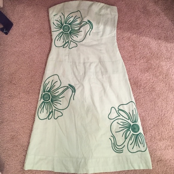 Green & white pinstripe dress w/ flower embroidery